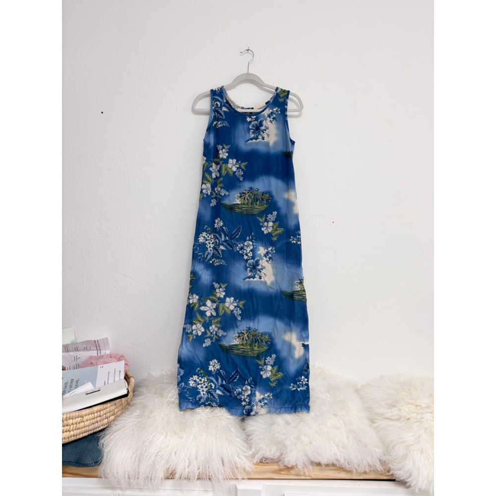 Women's Marsh Landing Blue & White Tropical Floral Maxi Dress S Rayon